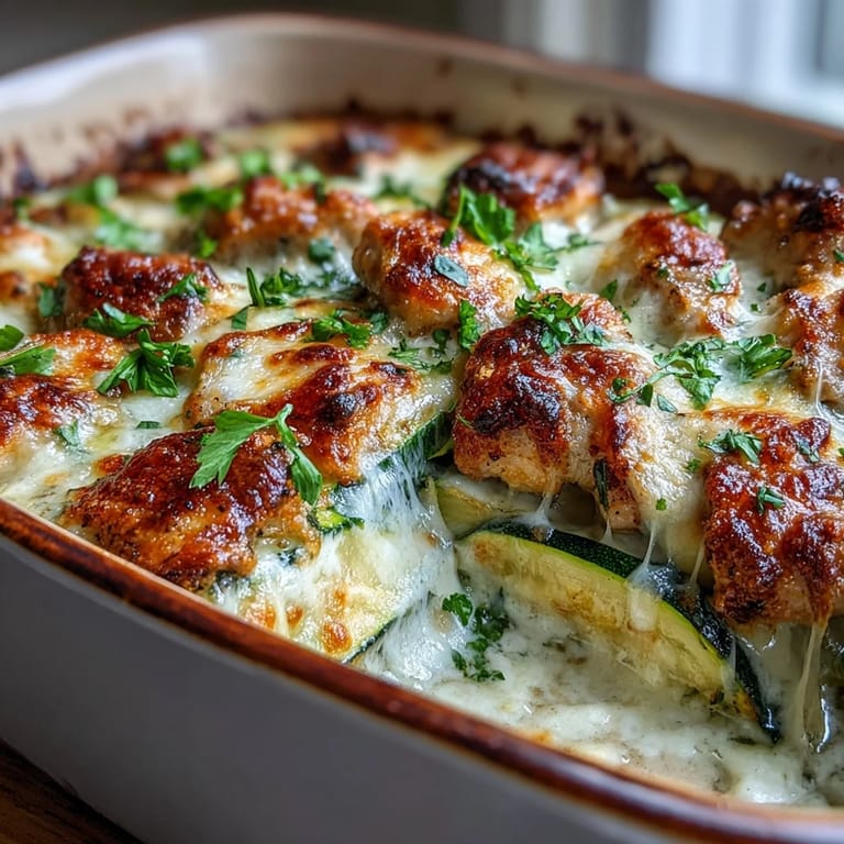 Freshly baked High Protein Chicken Zucchini Bake with bubbly cheese, gooey mozzarella, and golden brown top from a high protein dinner recipe.