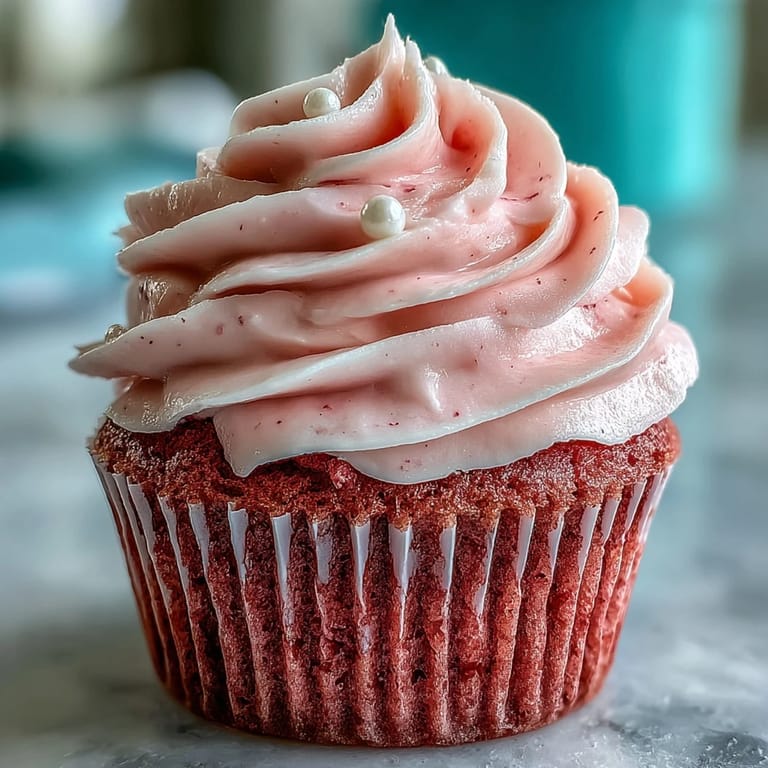 Tall Pink Velvet Cupcakes with Vanilla Buttercream Frosting, garnished with edible pearls, ready for a party dessert platter.