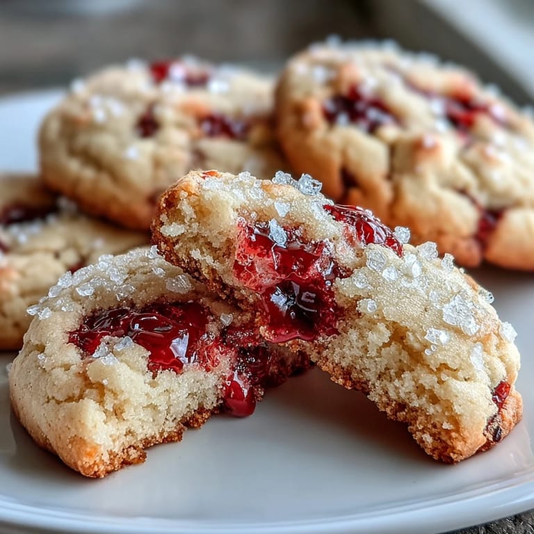 Homemade Soft Chewy Raspberry Sugar Cookies rest on a cooling rack, showcasing juicy berry bits and a sweet, pink-sugar crust.