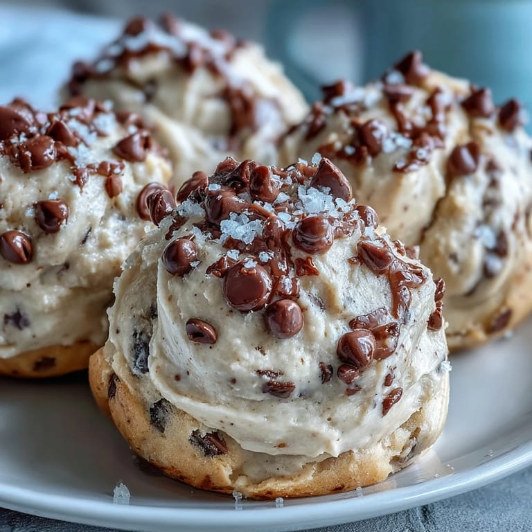 Freshly mixed Greek Yogurt Cookie Dough in a glass bowl with a wooden spoon.
