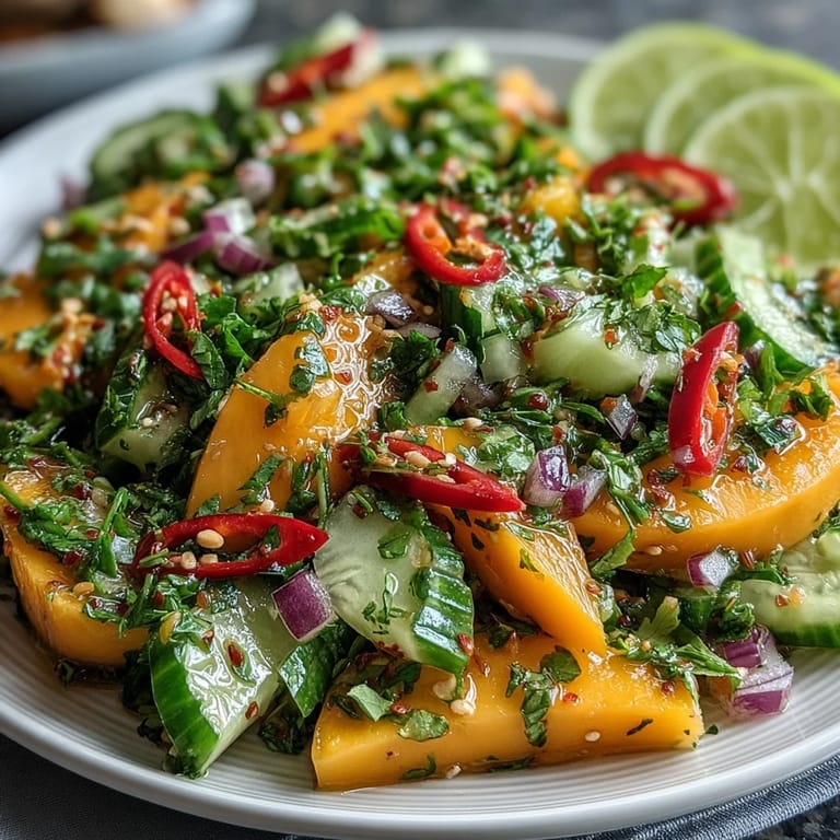 A close-up of the Refreshing Mango Salad highlights cilantro leaves and thin chilies, promising a sweet and spicy kick in every forkful.