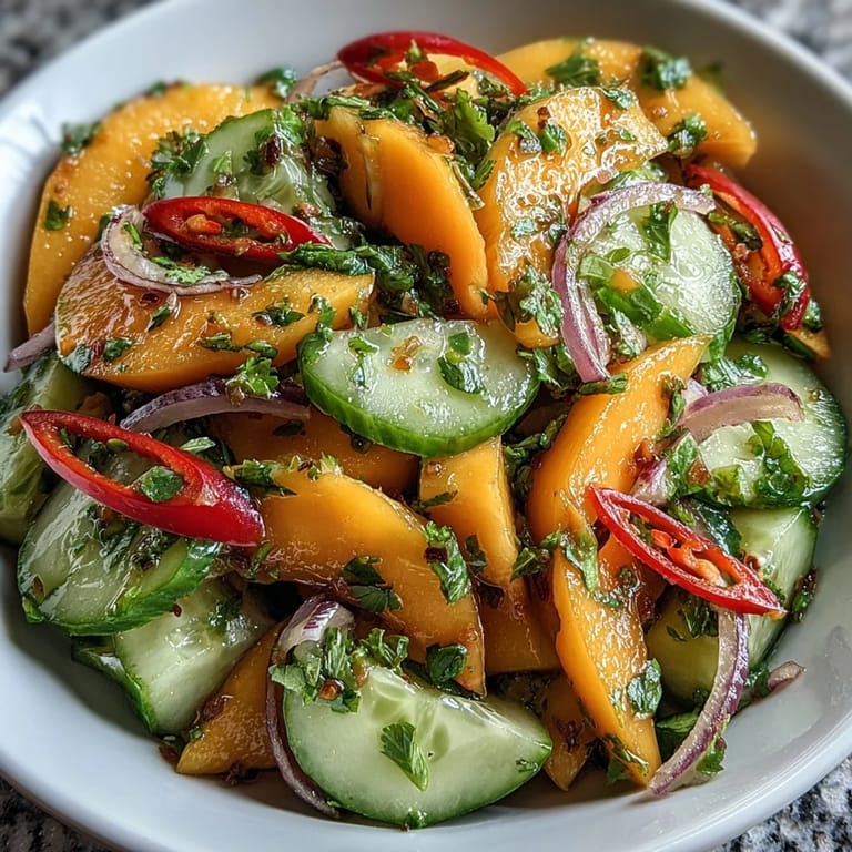 Served in a white bowl, the Refreshing Mango Salad looks ready for a light lunch or summer potluck with its vibrant colors.