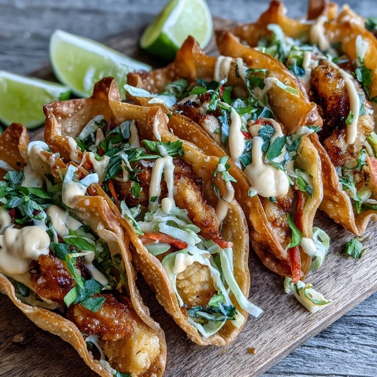 Golden Crispy Chicken Wonton Tacos are drizzled with creamy sriracha mayo and served with fresh lime wedges.