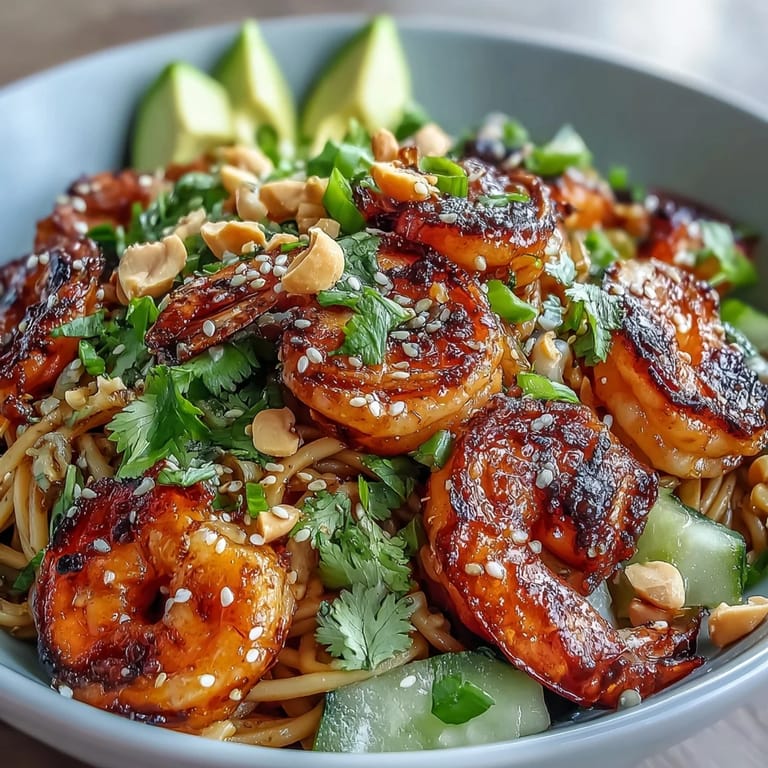 Vibrant Grilled Shrimp Asian Noodle Bowl with cucumber, bean sprouts, and lime wedges.