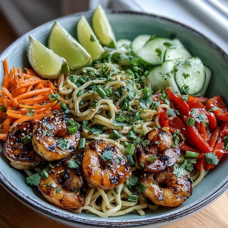 Steam rising from noodles and charred shrimp in a 15-Minute Asian Noodle Bowl, served with zesty lime wedges.