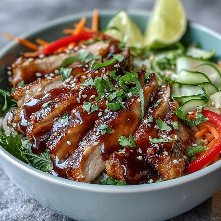 Bright vegetables and sesame seeds top a hearty Asian Chicken Noodle Bowl.