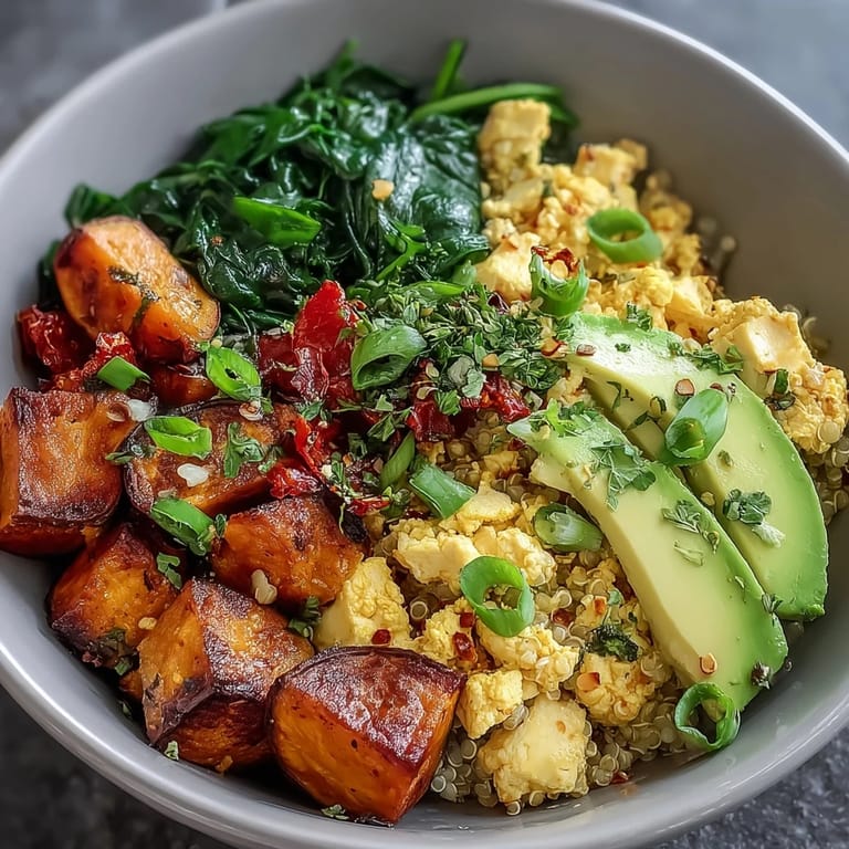 Savory turmeric tofu scramble is plated over fluffy quinoa for a protein-packed morning meal.