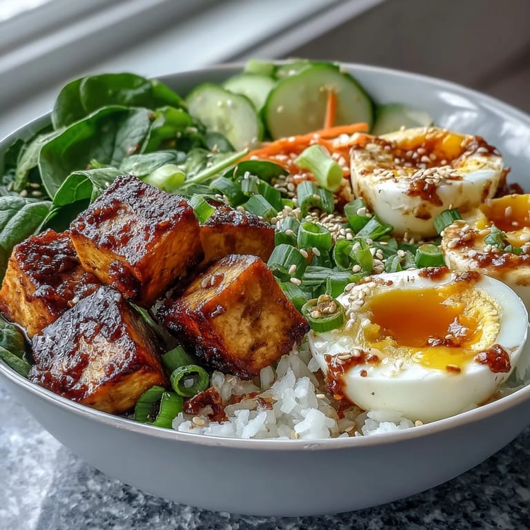 Golden tofu cubes and halved jammy eggs on warm rice, garnished with cucumbers and carrots for a healthy breakfast bowl.