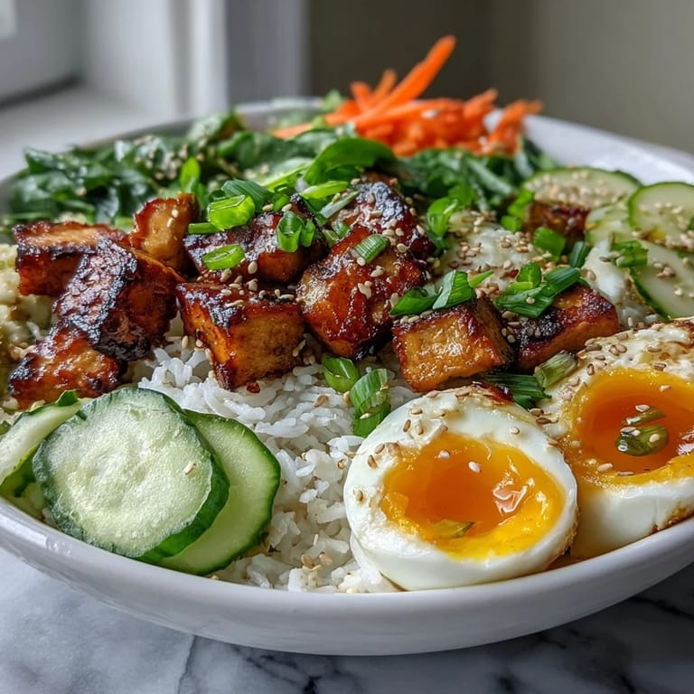 A nourishing Tofu Jammy Egg Breakfast Bowl featuring vibrant vegetables and a drizzle of spicy ginger sauce.