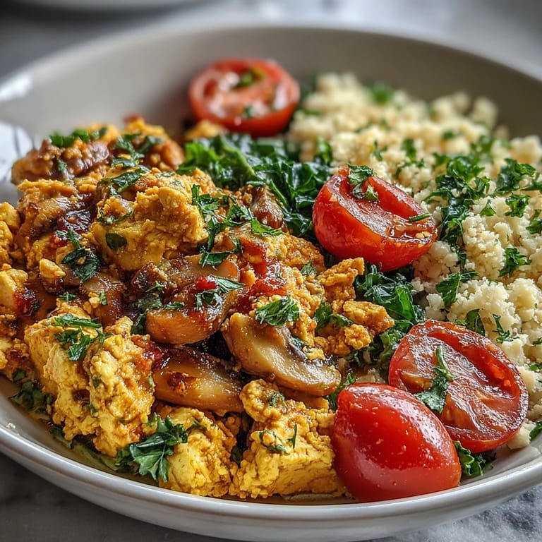 Close-up photo showing the fluffy texture of a Scrambled Tofu Breakfast Bowl, featuring savory tofu scramble and garlic mushrooms next to a wedge of lemon for a fresh squeeze.