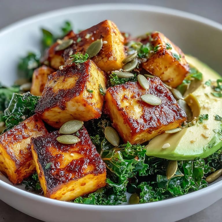 Savory tofu breakfast bowl with avocado and kale, seasoned with turmeric and paprika, served with lemon wedges for a fresh, zesty finish.