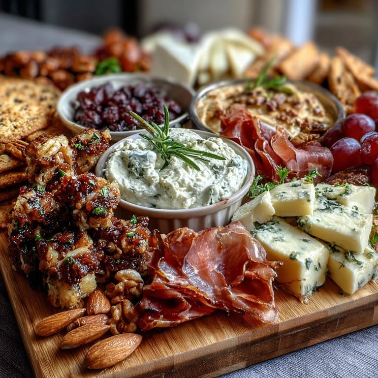 An artfully arranged spread of savory meats, creamy cheeses, vibrant vegetables, and crunchy nuts, ideal for celebrating a new home with friends.