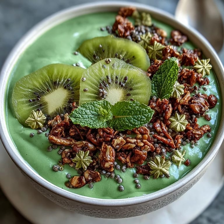Festive shamrock protein smoothie bowl featuring fresh mint leaves, pumpkin seeds, and tropical toppings in a bright green base.