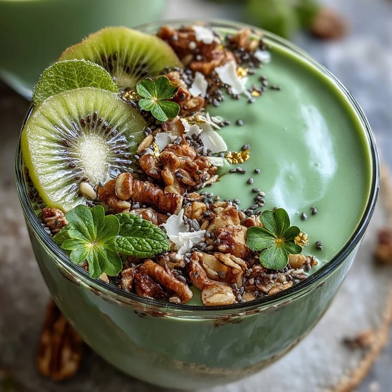 Creamy green protein smoothie bowl with spinach, avocado, and vanilla protein, garnished with chia seeds and edible gold stars for celebration.