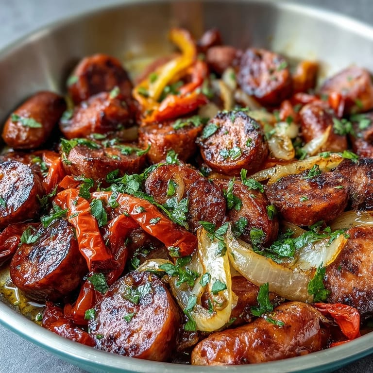 Juicy sausages and vibrant bell peppers roast together on a sheet pan, filling your kitchen with savory aromas and rich flavors.