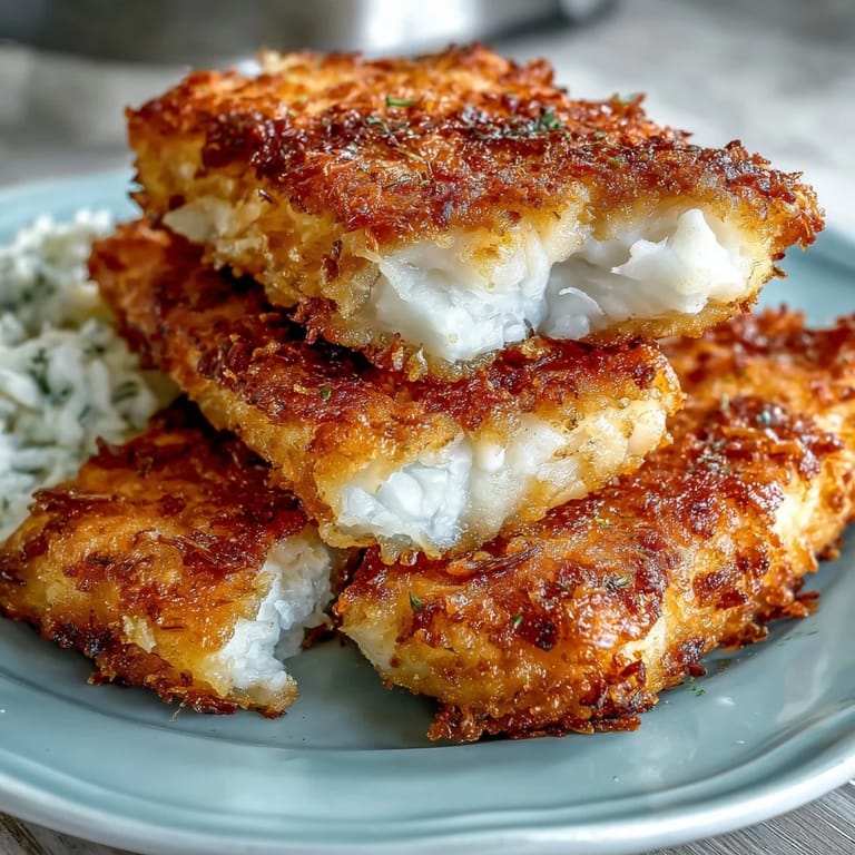 Golden brown catfish fillets with a crunchy cornmeal coating, paired with tangy remoulade sauce for a comforting Southern meal.