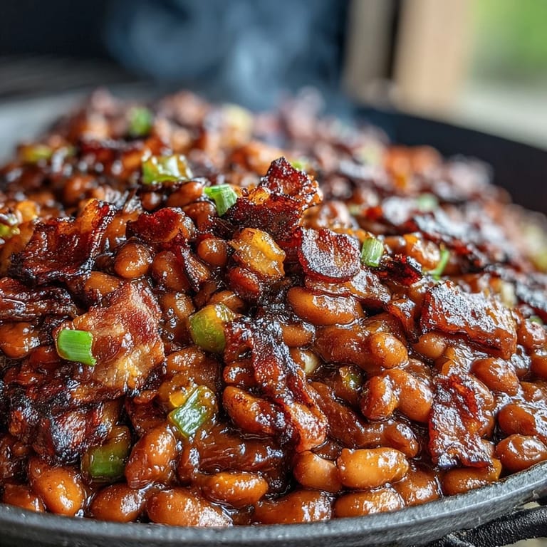 Tender navy beans baked in a rich brown sugar and molasses sauce with smoky bacon and peppers.