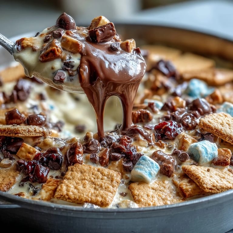 Gooey smores dip in cast iron skillet featuring melted chocolate, golden marshmallows, and fresh berries for dipping