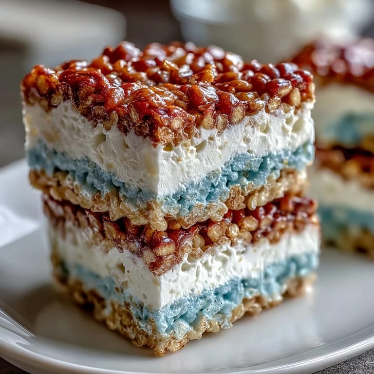 Festive patriotic Rice Krispies squares with colorful layers and sprinkles for Independence Day.