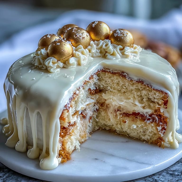 White chocolate drip cake with gold balloon accents, showcasing a smooth buttercream finish and festive party-ready design.