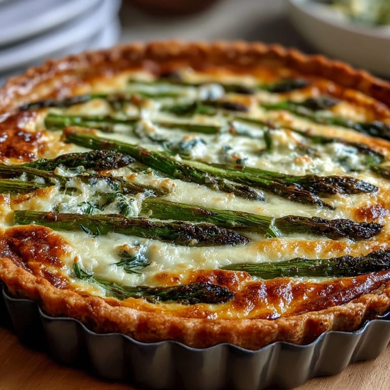 Savory asparagus and Brie quiche with a buttery crust, ideal for spring brunches or special occasions.