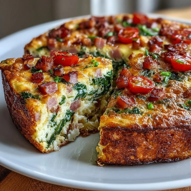 Easy One-Pan Ham and Swiss Frittata featuring fluffy eggs, diced ham, and melted Swiss cheese.