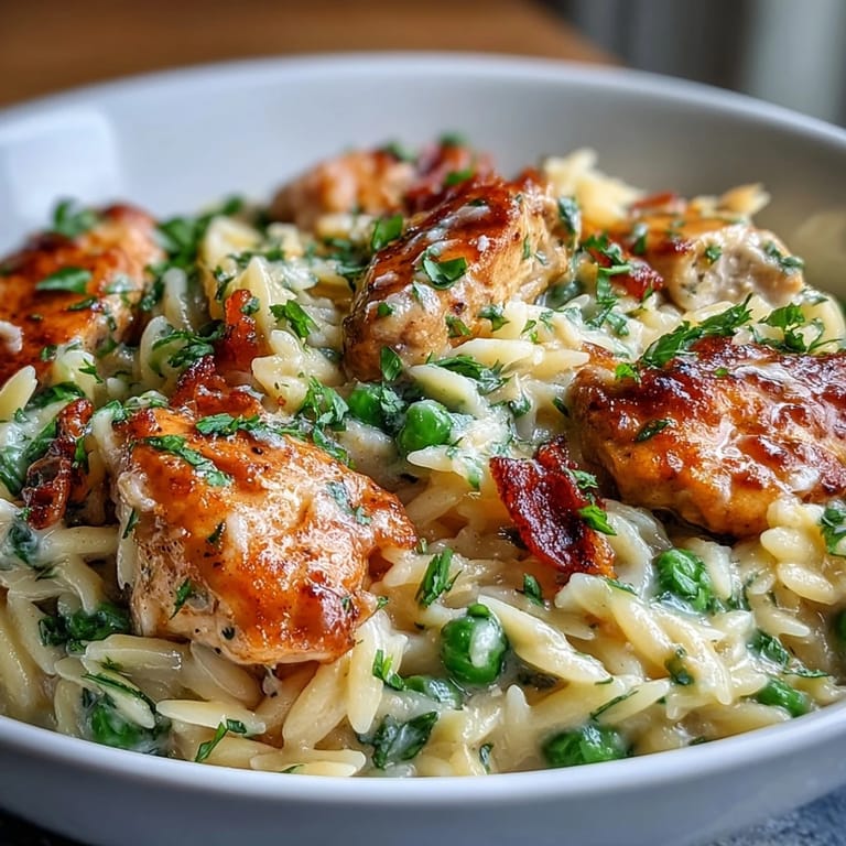 Bright and comforting One-Pot Lemon Orzo with tender chicken, sweet peas, and zesty lemon, all simmered in a single pan.