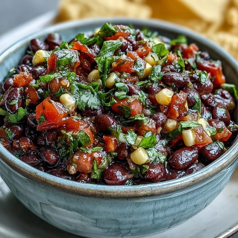 Creamy cowboy caviar dip made with black beans, sweet corn, and zesty pico de gallo, served with crispy tortilla chips.