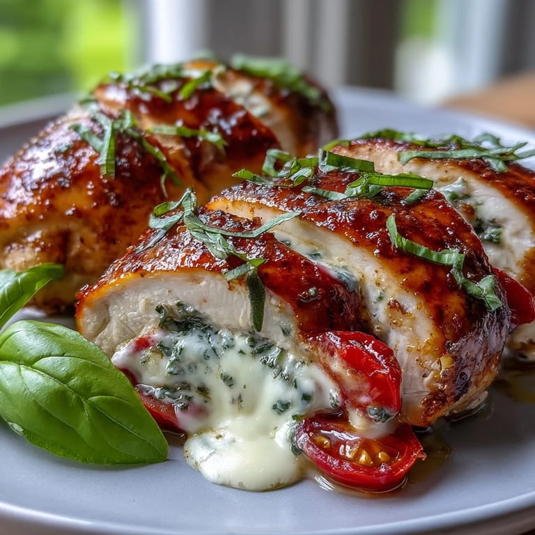 Baked caprese stuffed chicken breast oozing with mozzarella, layered with tomatoes and basil, finished with a balsamic glaze drizzle.