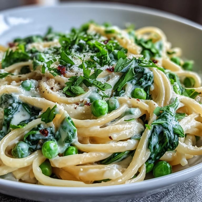 Creamy lemon pasta with green peas and Parmesan, garnished with lemon zest and black pepper for a fresh spring flavor.