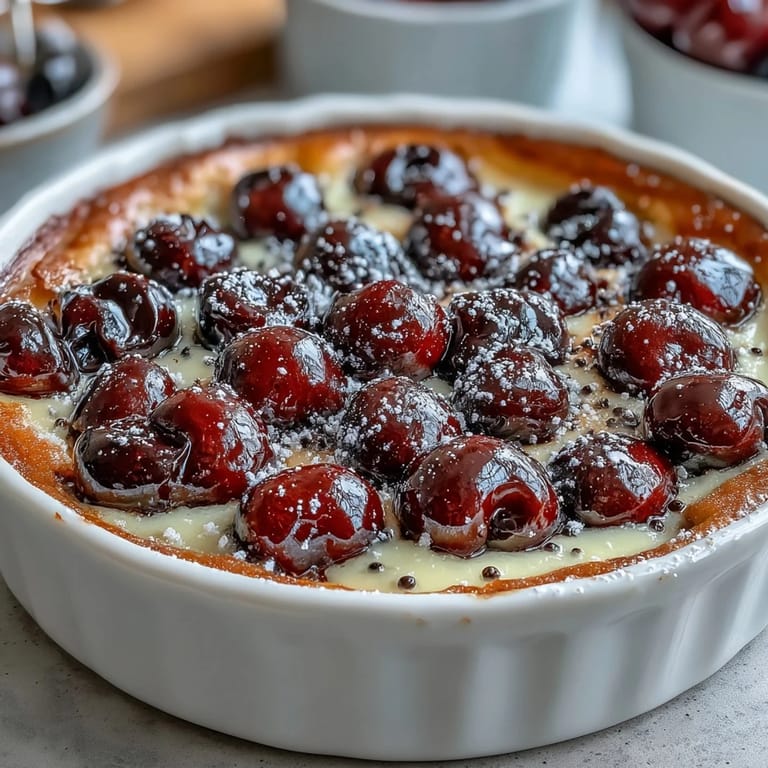Sweet cherry clafoutis baked in creamy vanilla custard, ready for dessert.