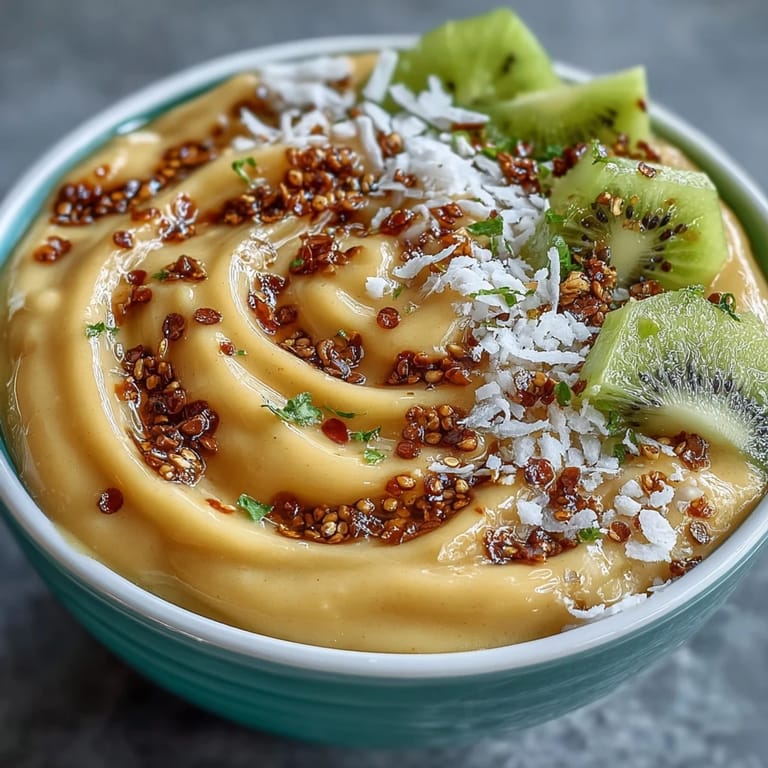 Creamy smoothie bowl with mango, lime, and chili, perfect for a healthy breakfast.