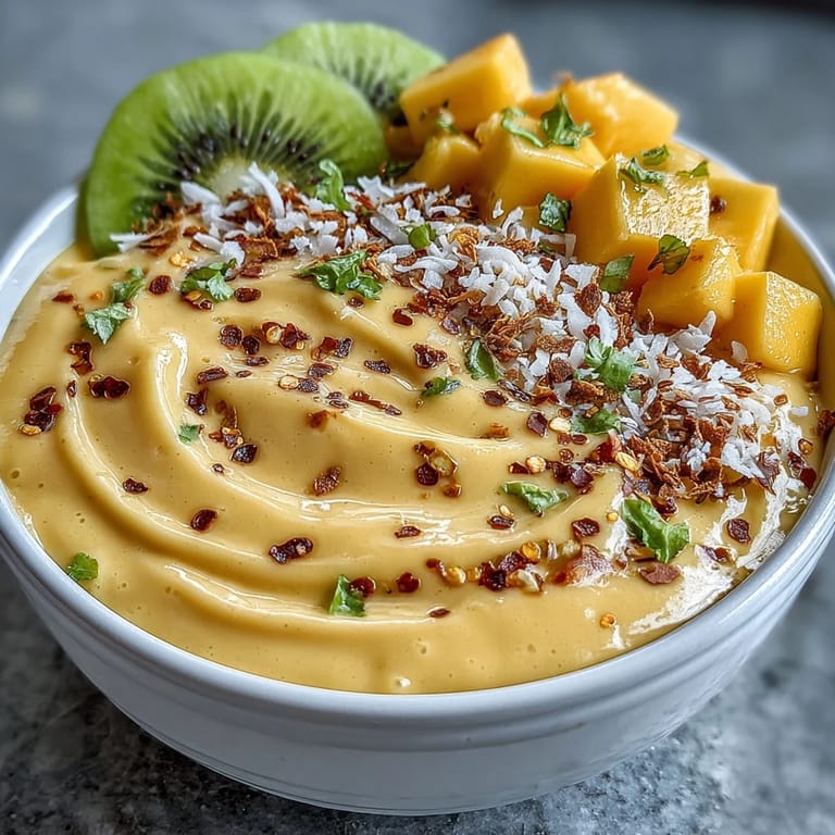 Enjoy a refreshing bowl of mango chili lime smoothie with delicious crunchy toppings.