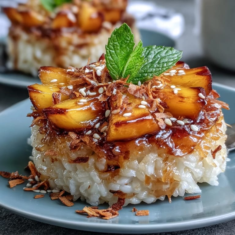Individual Mango Sticky Rice Cups, a sweet Thai dessert adorned with fresh, vibrant mango.