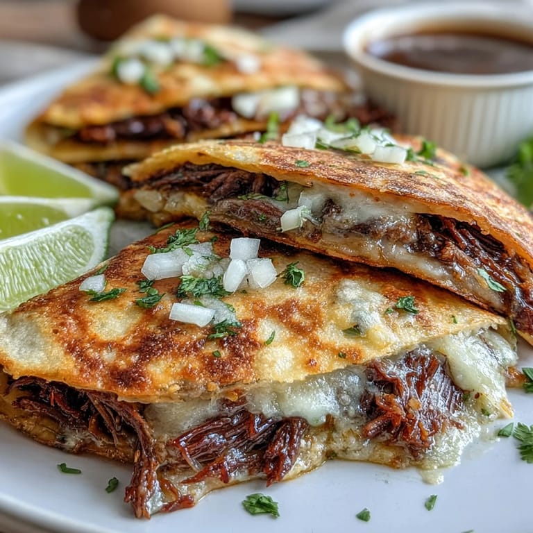 Crispy Mexican birria quesadillas, a festive Cinco de Mayo dish with dipping sauce.