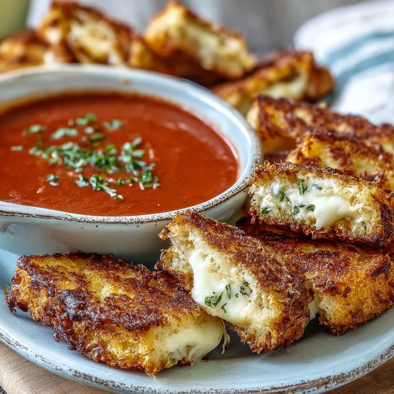 Buttery grilled cheese strips ready for dunking into rich, creamy tomato soup.