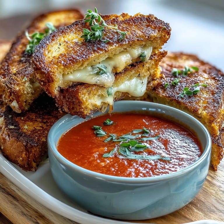 Crispy mini grilled cheese bites perfect for dipping into velvety slow-cooked tomato soup.