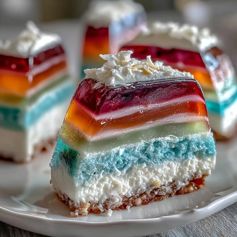 A festive Agar-Agar Rainbow Jelly Cake, chilled and ready for slicing.