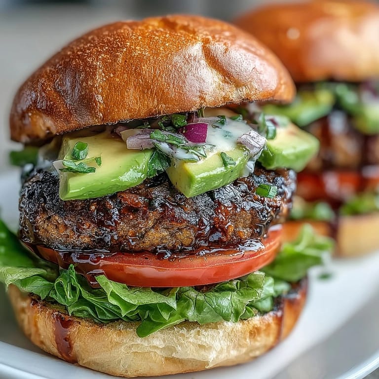 Smoky grilled portobello mushroom burgers stacked high with avocado, ideal for cookouts.
