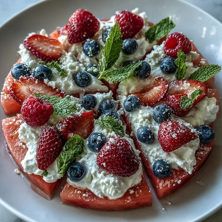 A colorful slice of 4th of July Watermelon Pizza bursting with fresh summer fruit.