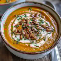 Creamy pumpkin soup garnished with toasted seeds and a swirl of cream in a rustic bowl.
