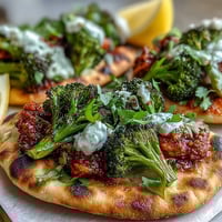 Roasted harissa broccoli with crispy edges piled onto warm flatbreads, garnished with fresh cilantro and lemon wedges.