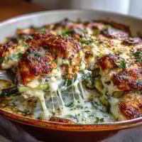 Golden brown High Protein Chicken Zucchini Bake with melted mozzarella and Parmesan, served in a white dish topped with fresh parsley.
