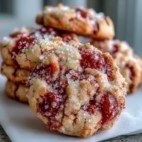 Golden-brown Soft Chewy Raspberry Sugar Cookies are dusted with sparkling sugar and studded with vibrant red berries on a white plate.
