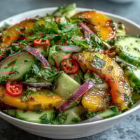 Bright, juicy mango strips mingle with crisp red bell pepper, cucumber, and a zesty lime-honey dressing in this Refreshing Mango Salad.
