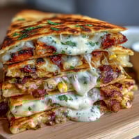 Crispy Cinco de Mayo street corn quesadillas loaded with roasted corn, melty cheese, and smoky chipotle crema drizzle.