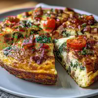 One-Pan Ham and Swiss Frittata with golden eggs, melted Swiss cheese, and savory ham.  