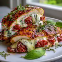 Caprese stuffed chicken breast with melted mozzarella, ripe tomatoes, and fresh basil, baked until golden and juicy.