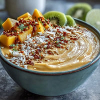 Vibrant mango chili lime smoothie bowl topped with fresh fruit and granola.