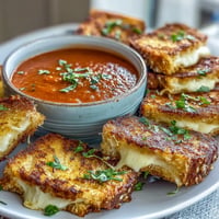Golden mini grilled cheese dippers alongside steaming tomato soup beckon a cozy meal.